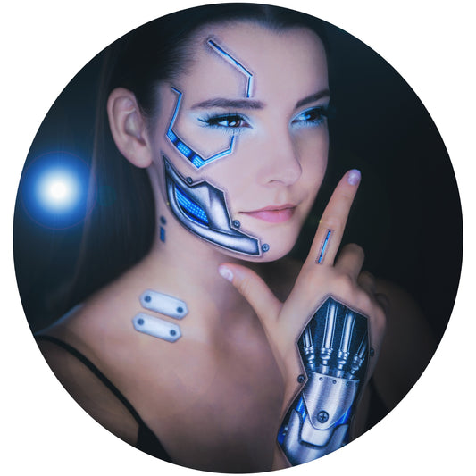 2 x  Death Metal Cyborg Temporary Tattoo, Halloween Costume for Women and Men, Adult, Glow in the Dark