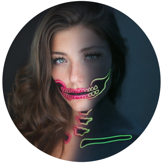 2 x Neon Skull Face Pink Temporary Tattoo, Halloween Costume for Women and Men, Adult, Glow in the Dark