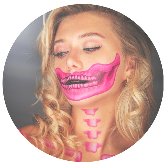 2 x Fantastic Plastic pink Skull Face, Temporary Tattoo, Halloween Costume for Women and Men, Adult