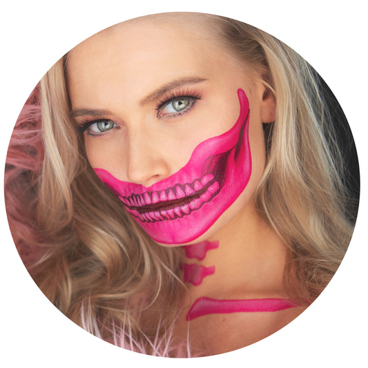 2 x Fantastic Plastic pink Skull Face, Temporary Tattoo, Halloween Costume for Women and Men, Adult