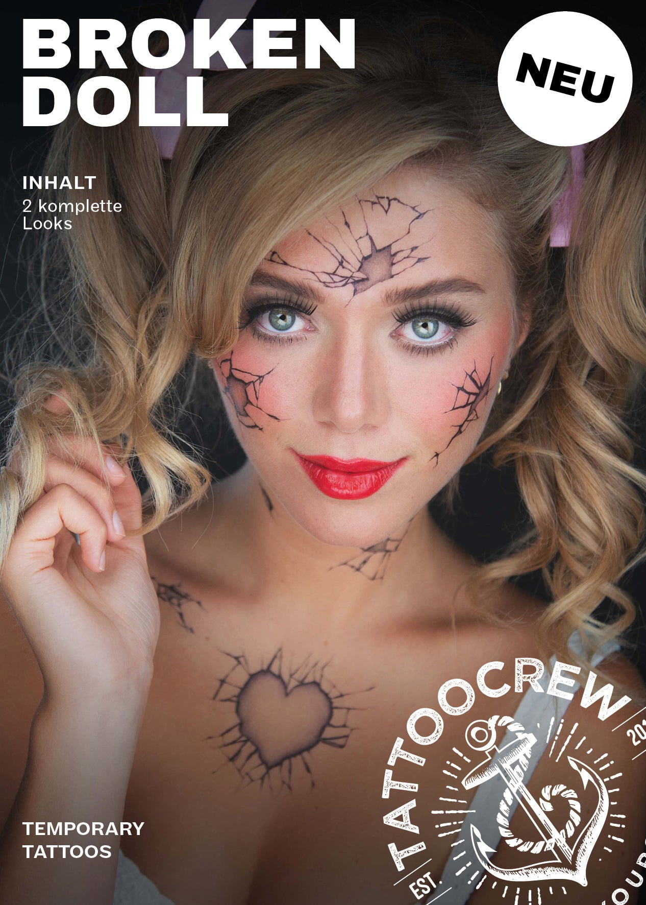 2 x Broken Doll Temporary Tattoo Halloween Costume for Men and Women, Adult, Face Sticker