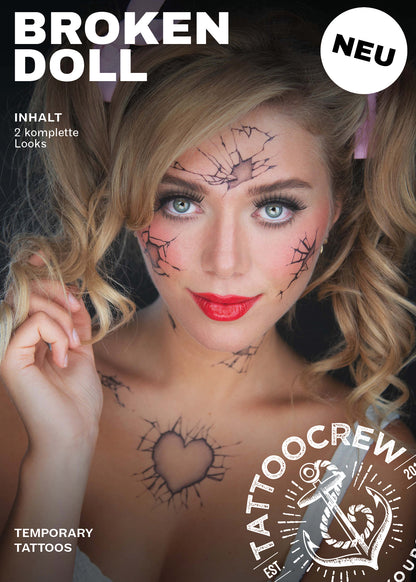 2 x Broken Doll Temporary Tattoo Halloween Costume for Men and Women, Adult, Face Sticker