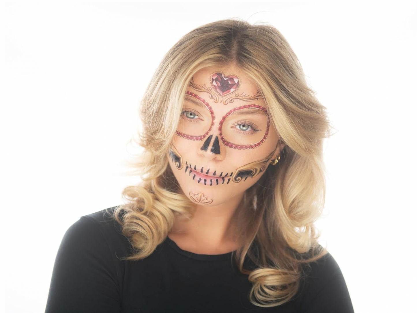 2 x Sugar Skull Face Halloween Temporary Tattoo, Dia de los Muertos