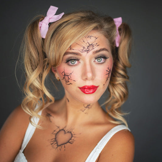 2 x Broken Doll Temporary Tattoo Halloween Costume for Men and Women, Adult, Face Sticker