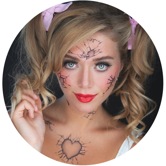 2 x Broken Doll Temporary Tattoo Halloween Costume for Men and Women, Adult, Face Sticker